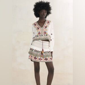 Zara boho linen cotton embroidered mirrored embellish top white multicolor